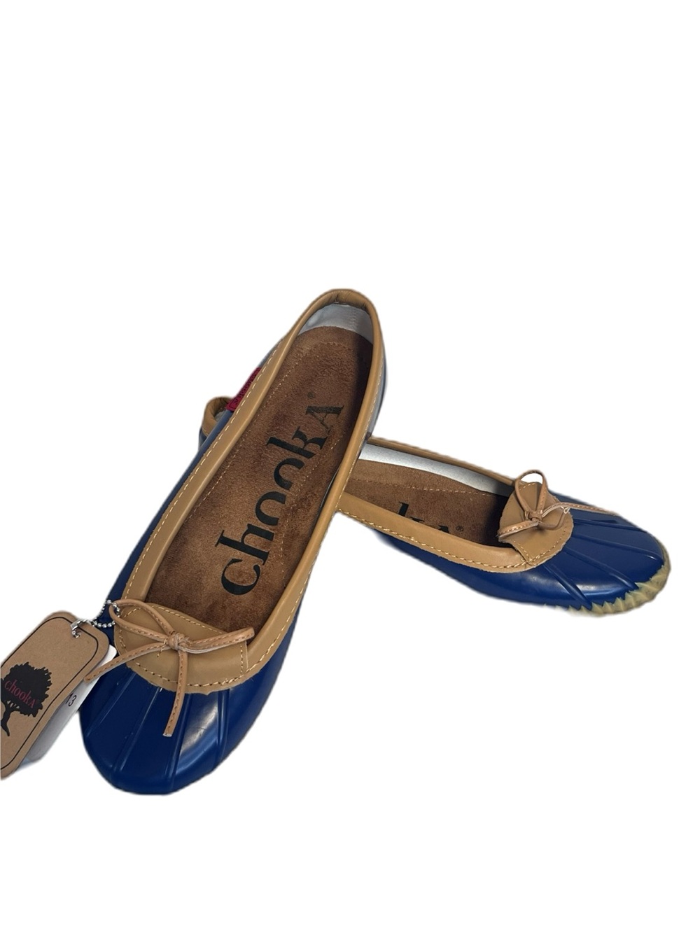 chooka Navy Tan Duck Skimmers Waterproof Ballet Flats Shoes with Tie Bow